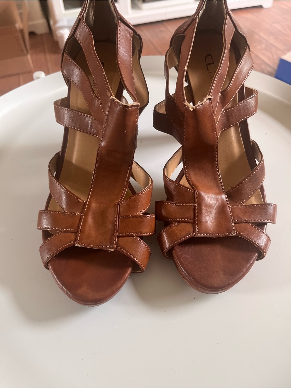 CL by Laundry Cognac Brown Strappy Wedge Sandals